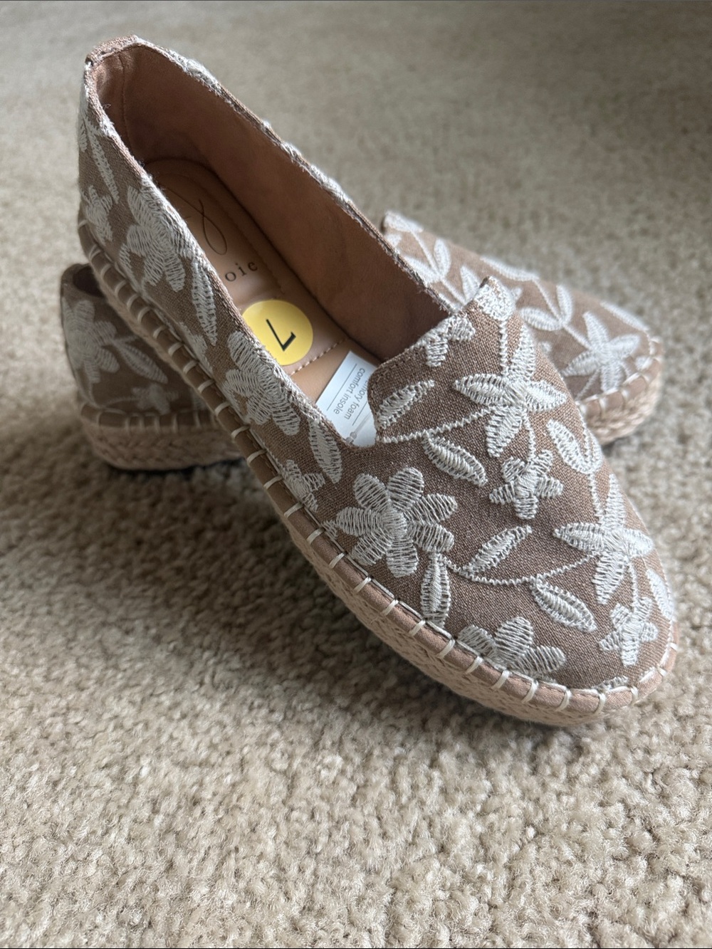 Joie Espadrille Slip-On Flats in Taupe with White Floral Embroidery
